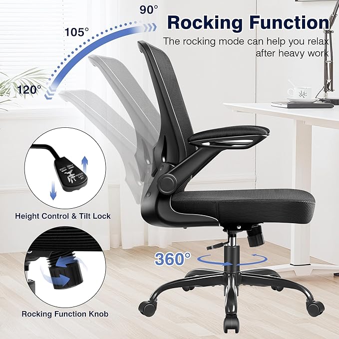 Ergonomic Office Chair, Mesh Computer Chairs with Lumbar Support, Swivel Desk Chair with Flip-up Arms and Adjustable Height, Black