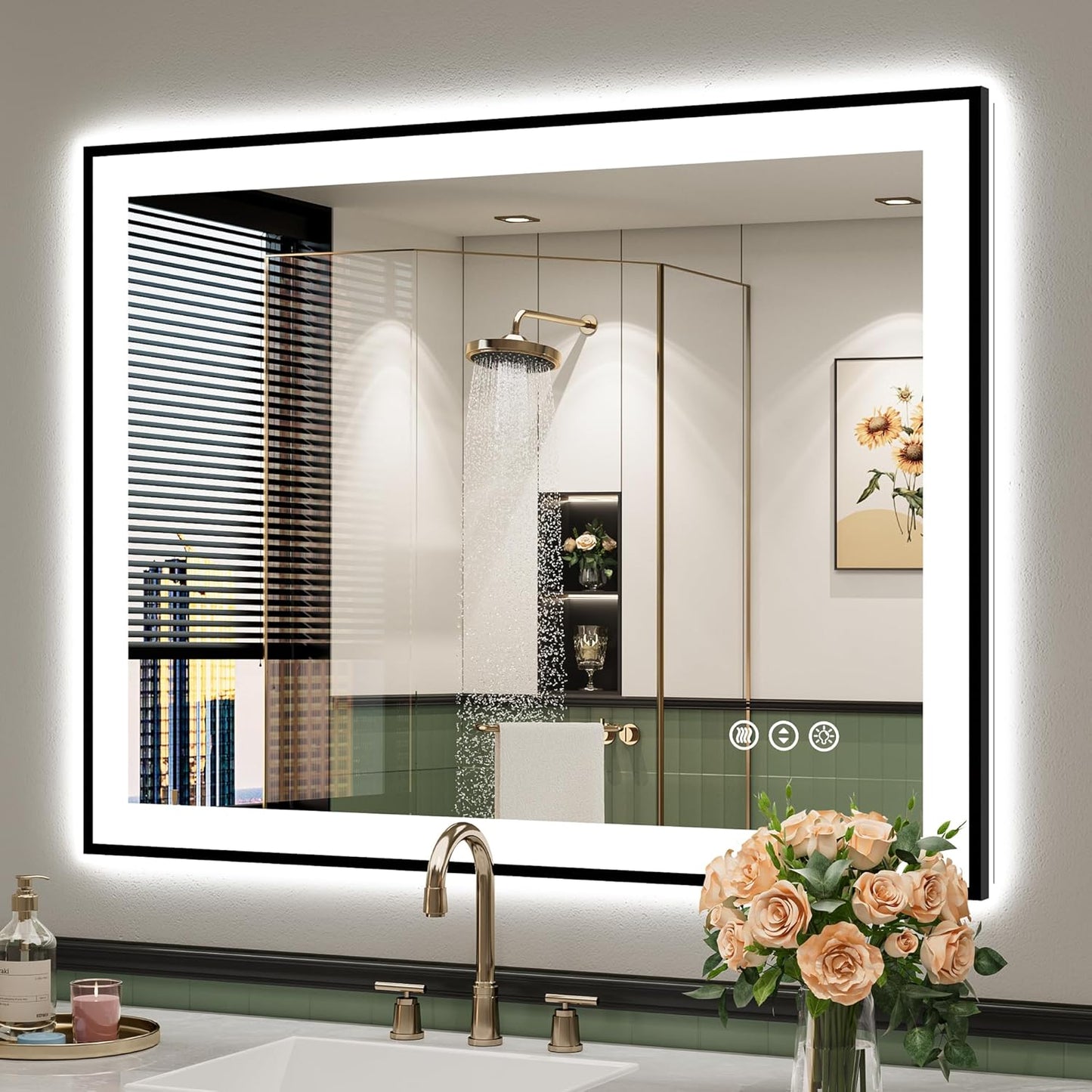 40x30 Inch LED Bathroom Mirror with Lights (Front Lit and Backlit) Black Framed Lighted Vanity Mirror for Bathroom Wall Dimmable Anti-Fog Memory Tempered Glass Horizontal/Vertical
