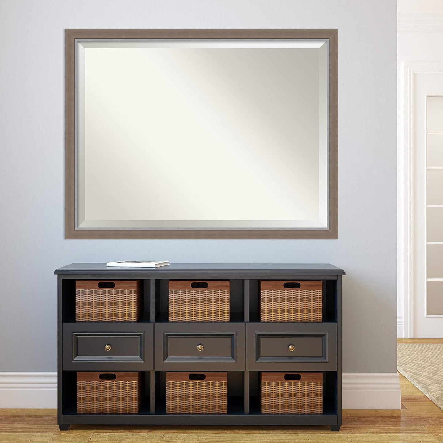 Amanti Art Brown Bathroom Mirror for Over Sink, 33x43 Eva Brown Narrow Rectangle Vanity Mirror, X-Large Rustic Farmhouse Frame, Hangs Horizonally and Vertically, Bathroom Wall Decor, Beveled Edge