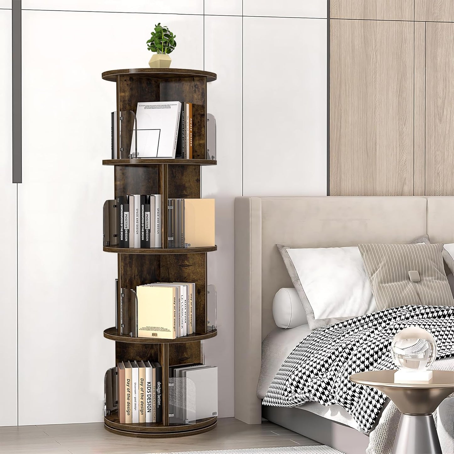 VECELO 4 Tier Revolving Bookshelf Tower, 360° Display Floor Standing Storage Rack with Acrylic Visible Window Partition for Bedroom, Living Room Home and Office, Brown