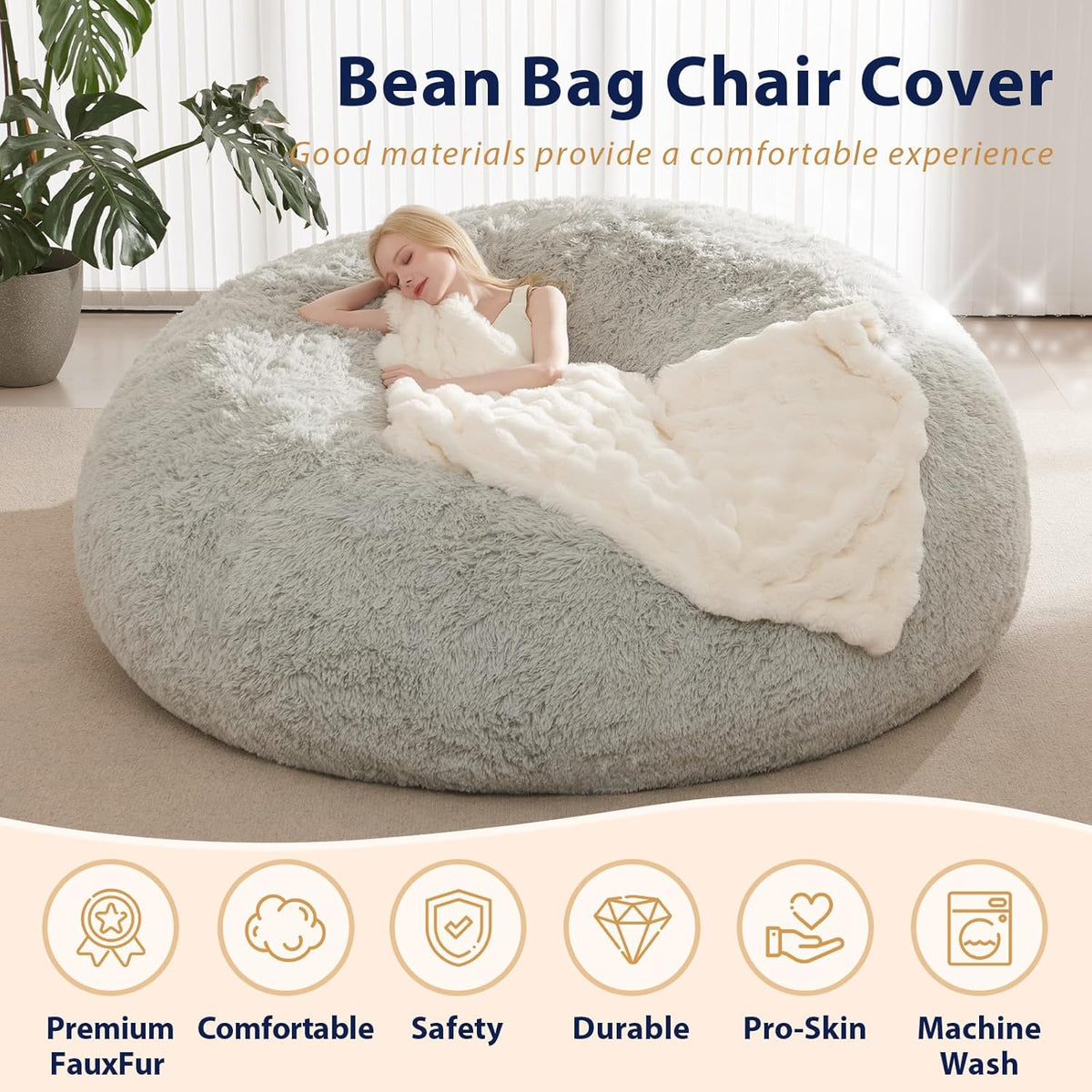 Bean Bag Chair Cover, Waterproof Faux Fur Bean Bag Cover Only(No Filler), 5FT Round Beanbag Cover with Pocket, Big Giant Bean Bags Covers for Adults Kids Teens, Stuffed Animal Storage