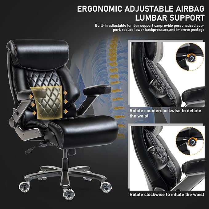 DYHOME 700LBS Heavy Duty Office Chair with 4d Armrest, Big and Tall Office Chair, Ergonomic Computer Chair with Airbag Lumbar Support, Wider Thicker Seat Cushion, PU Comfy Office Desk Chairs, Black