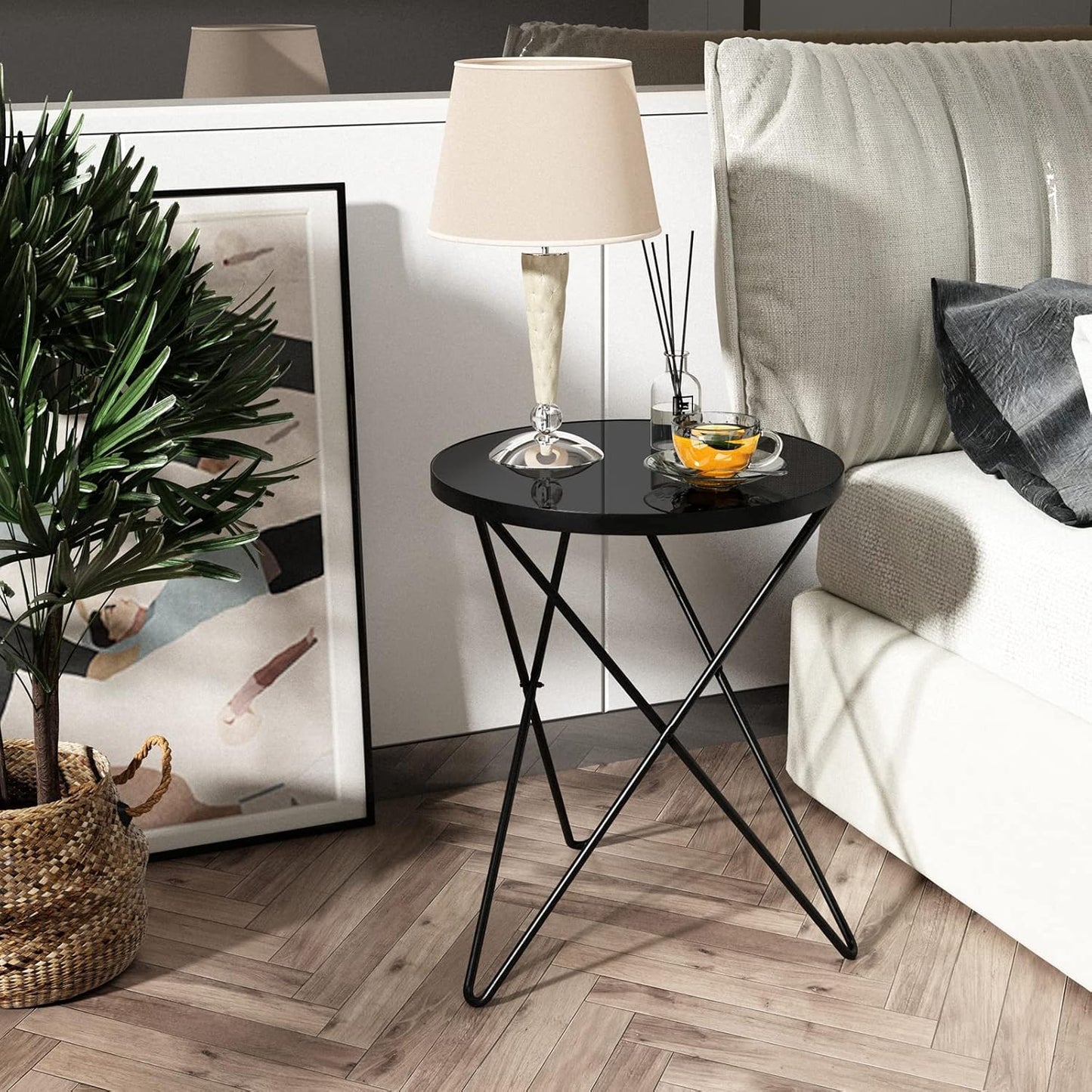 HLR Modern Round Side Table Set of 2, End Table with Marble Effect Top and Gold Metal Frame, Small Side Table for Living Room, Bedroom, Sofa and Couch, Black Legs, Black Glass top