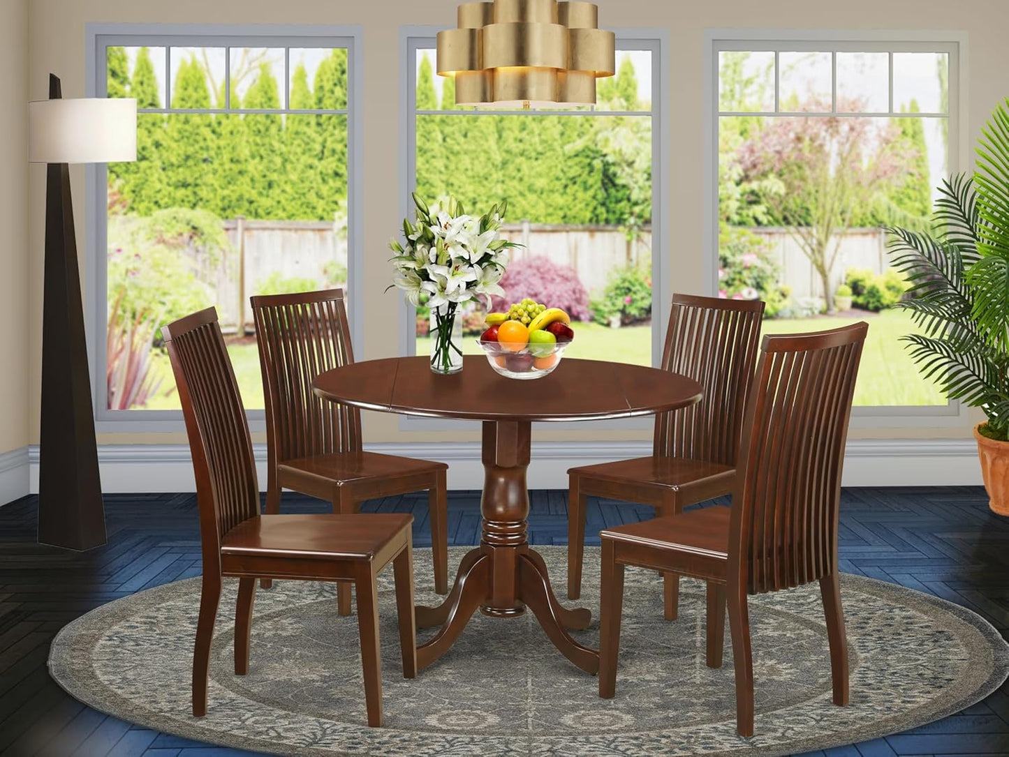 East West Furniture DLIP5-MAH-W 5 Piece Dining Room Furniture Set Includes a Round Kitchen Table with Dropleaf and 4 Dining Chairs, 42x42 Inch, Mahogany