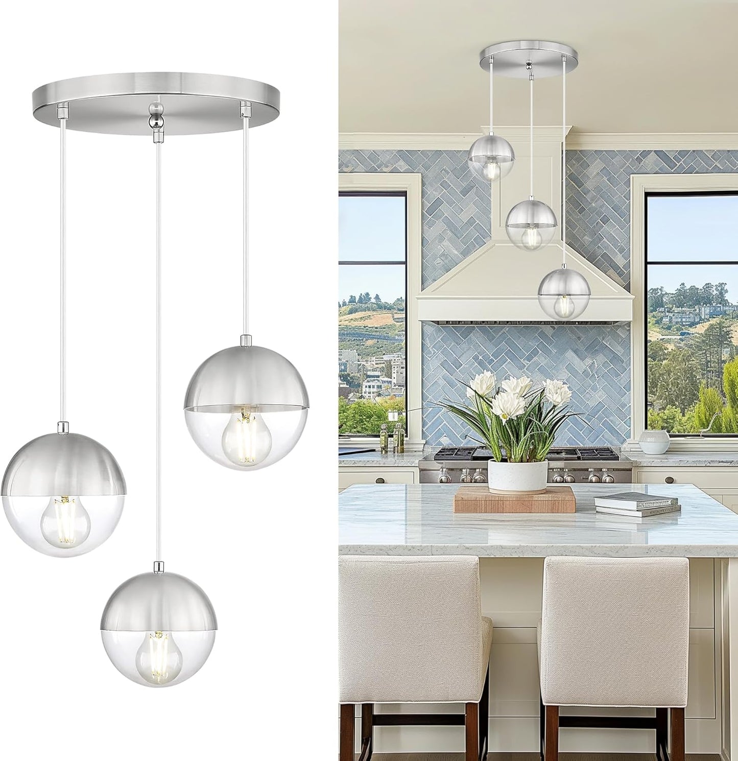 LMS Modern Brushed Nickel 3-Light Cluster Pendant Lights, Mid Century Pendant Lighting with Clear Globe Glass Shade, Adjustable Hanging Cord Ceiling Light for Bathroom Dining Room, LMS-186BNC3