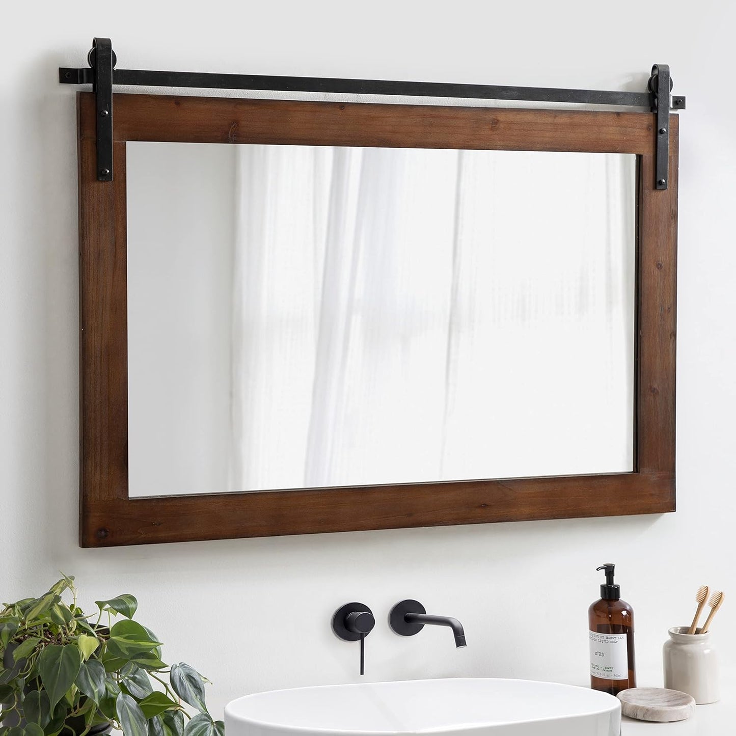 Kate and Laurel Cates Farmhouse Horizontal Wood Framed Wall Mirror; 38 x 27; Walnut Brown; Barn Door-Inspired Decorative Hanging Mirror for Wall Decor