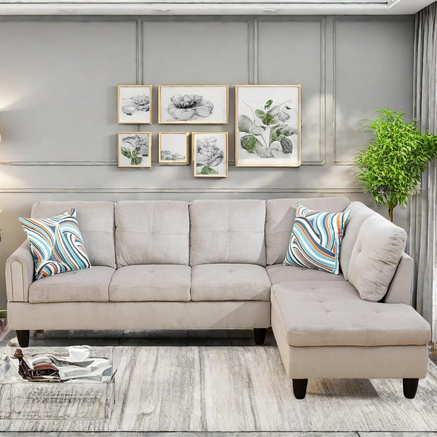 Convertible Sectional Couch, Large L Shaped Couch with Storage, Modern Modular 5-Seat Sectional Sofa with Ottomans for Living Room and Office, Grey White