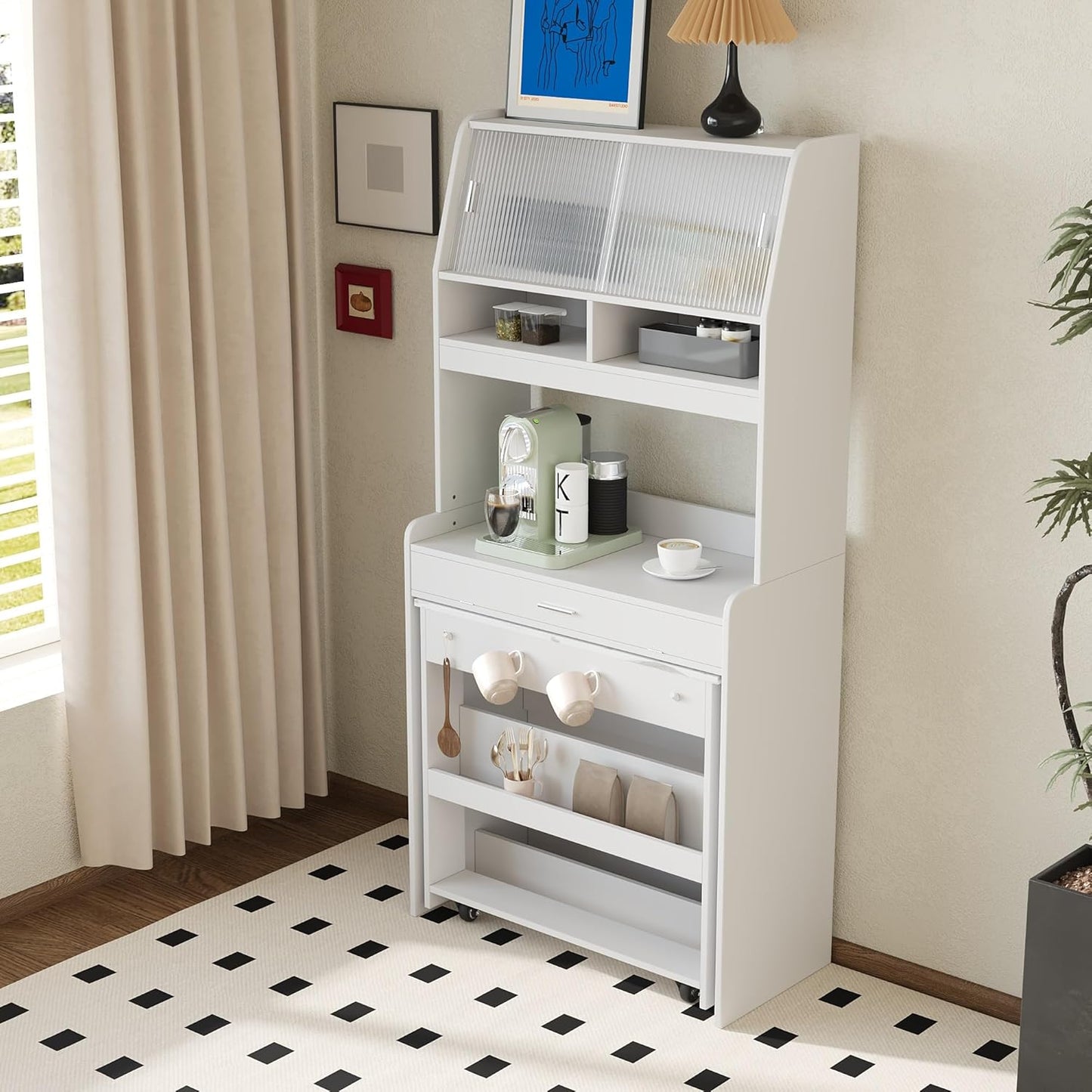 Merax Sideboard Buffet Cabinet with Foldable Dining Table, Multifunctional Cupboard with Storage Shelf and Hooks, for Small Places,Studio, Apartment