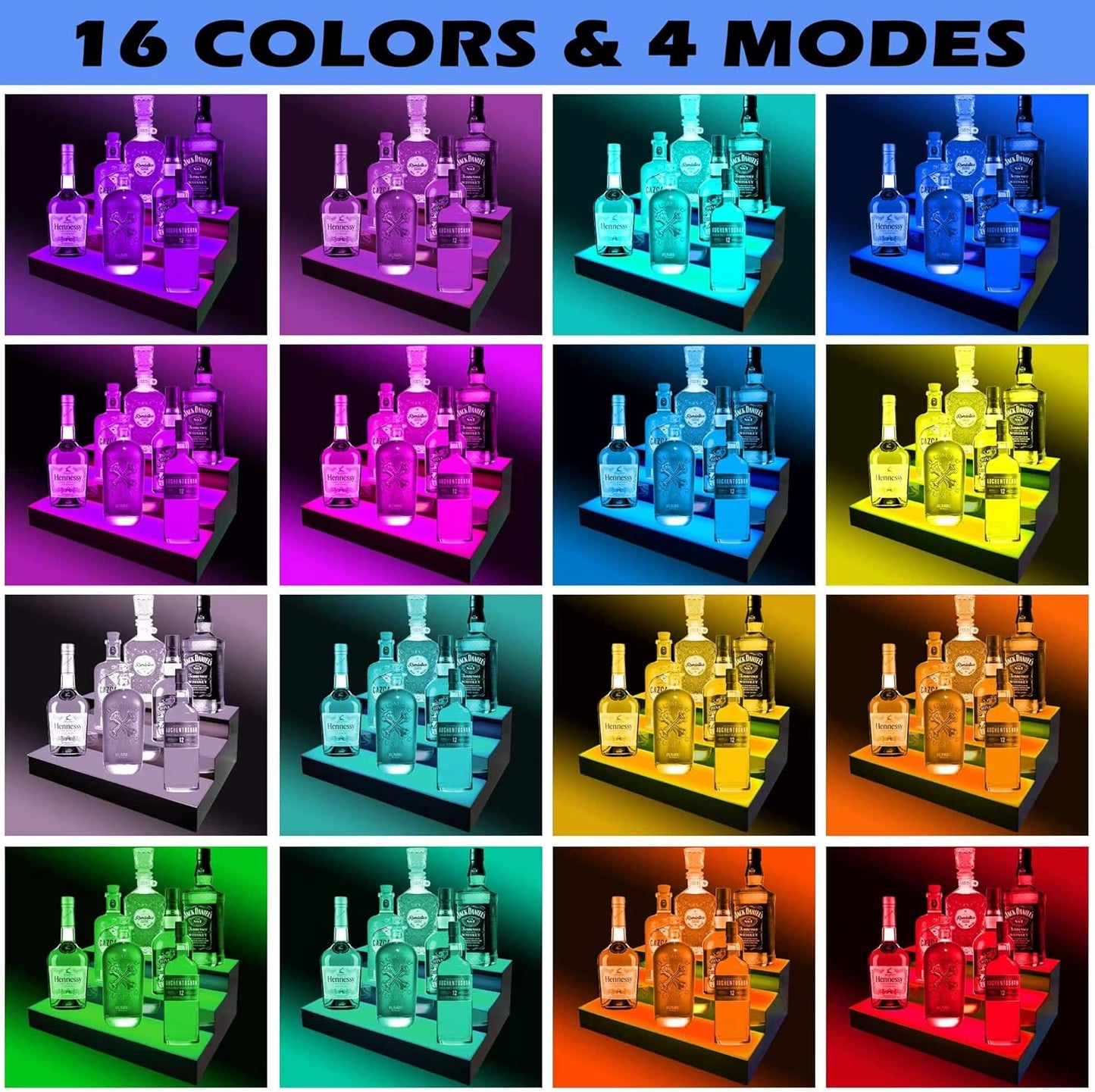 Royxen LED Lighted Liquor Bottle Shelf 3 Tier, 16 Inch Bar Shelf with Remote, Bottle Stand Multi-Color Lighting Modes for Bars