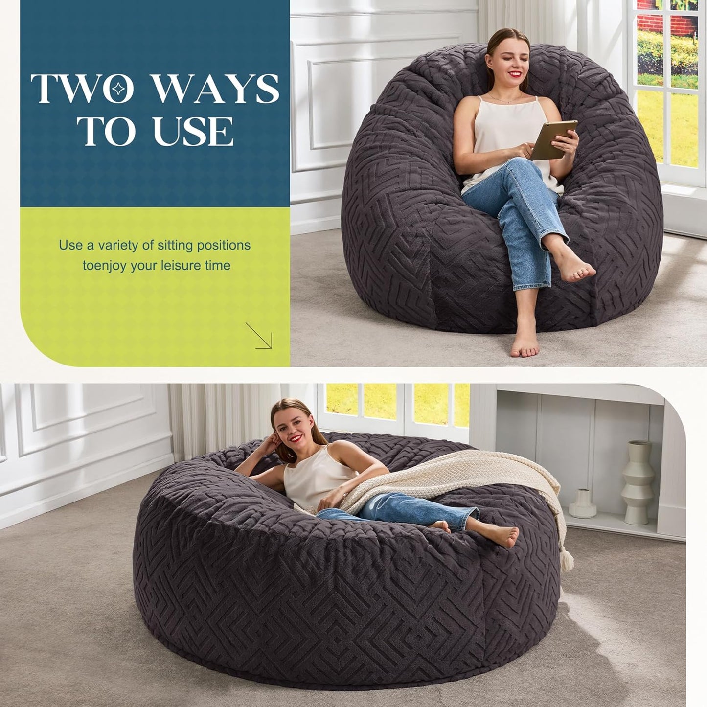 Hobestluk Bean Bag Chairs Adults Beanbag Chair with Filler Large Bean Bags with Fluffy Embossed Cover, Giant Bean Bag Chairs for Adults (Dark Grey, 5FT - 50” x 50” x 24”)