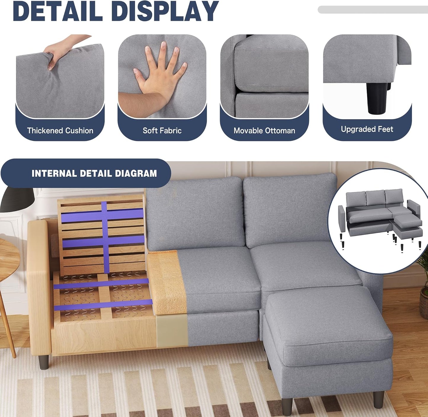 Small Sectional Sofa Couch, 3 Seat L Shaped Couches with Ottoman, Upholstered Fabric Convertible Sofa, Small Couch for Apartments, Living Room and Office (Light Grey)