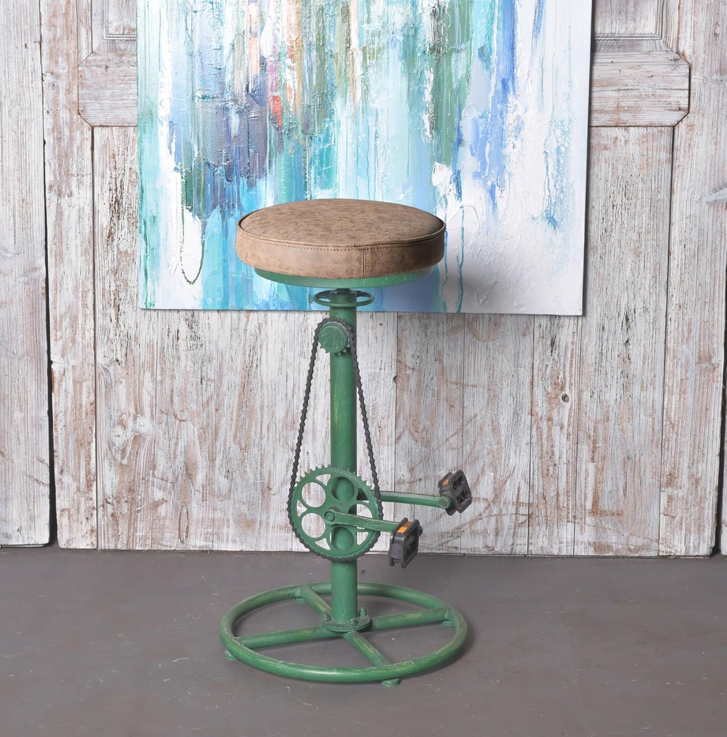Topower Vintage DIY Bar Stool Bicycle Chain Iron Pedal Retro Industrial Height Adjustable Bicycle Wheel Design bar Chair Set of 2 Antique Green