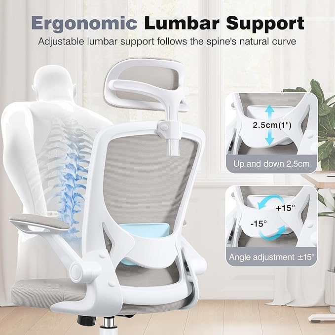 Office Desk Chair, Ergonomic Mesh Office Chair with Adjustable Lumbar Support, Headrest, Flip-up Armrests, Comfortable Computer Chairs for Home, Work, Gaming, Light Gray