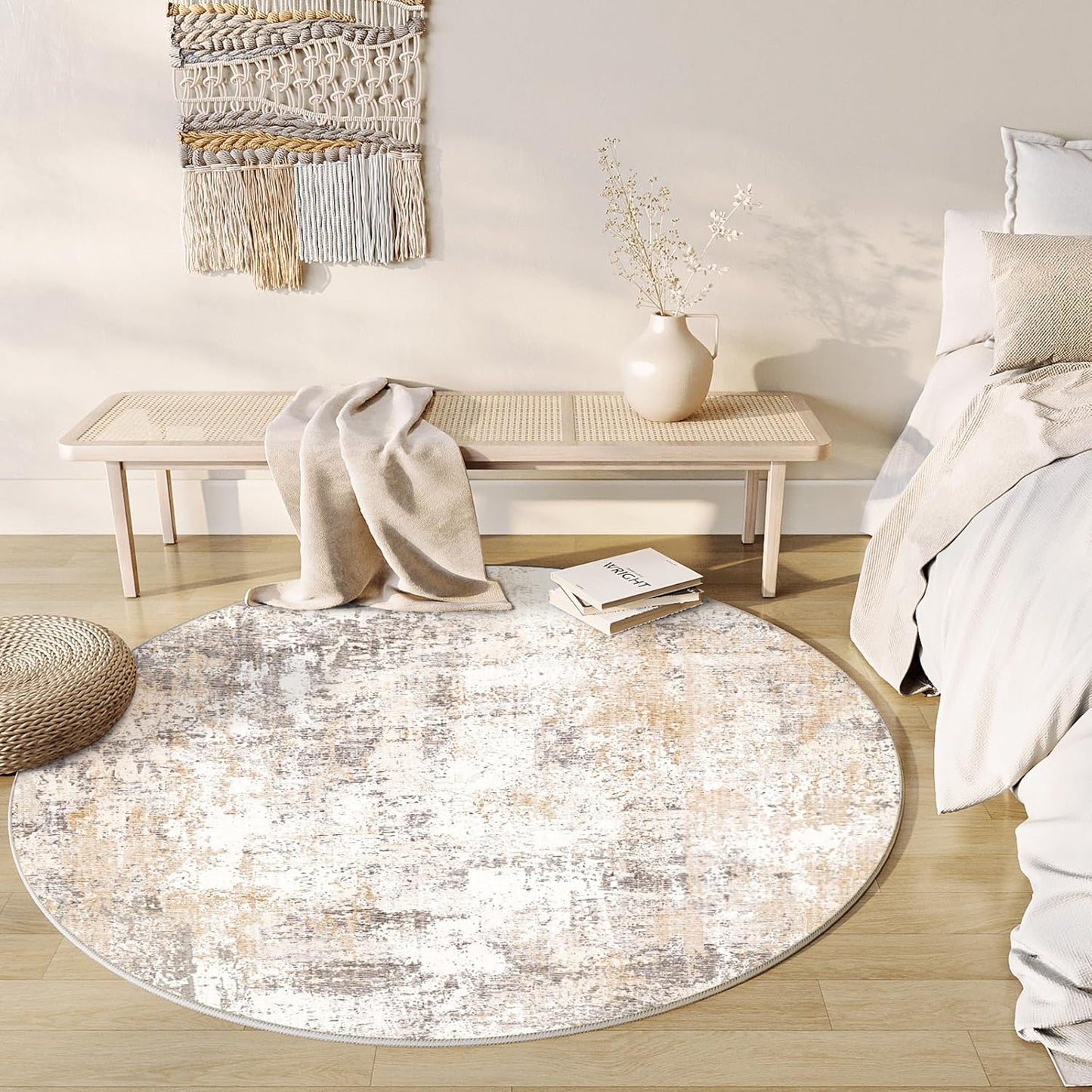 8x8 Washable Round Rug Beige Grey Neutral Abstract Living Room Bedroom Large Area Rug Non Slip Soft Low Pile Indoor Floor Carpet for Dining Room Kitchen Office Entryway