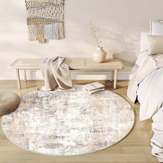 6x6 Washable Round Rug Beige Grey Neutral Abstract Living Room Bedroom Area Rug Non Slip Soft Low Pile Indoor Floor Carpet for Office Dining Room Kitchen Entryway