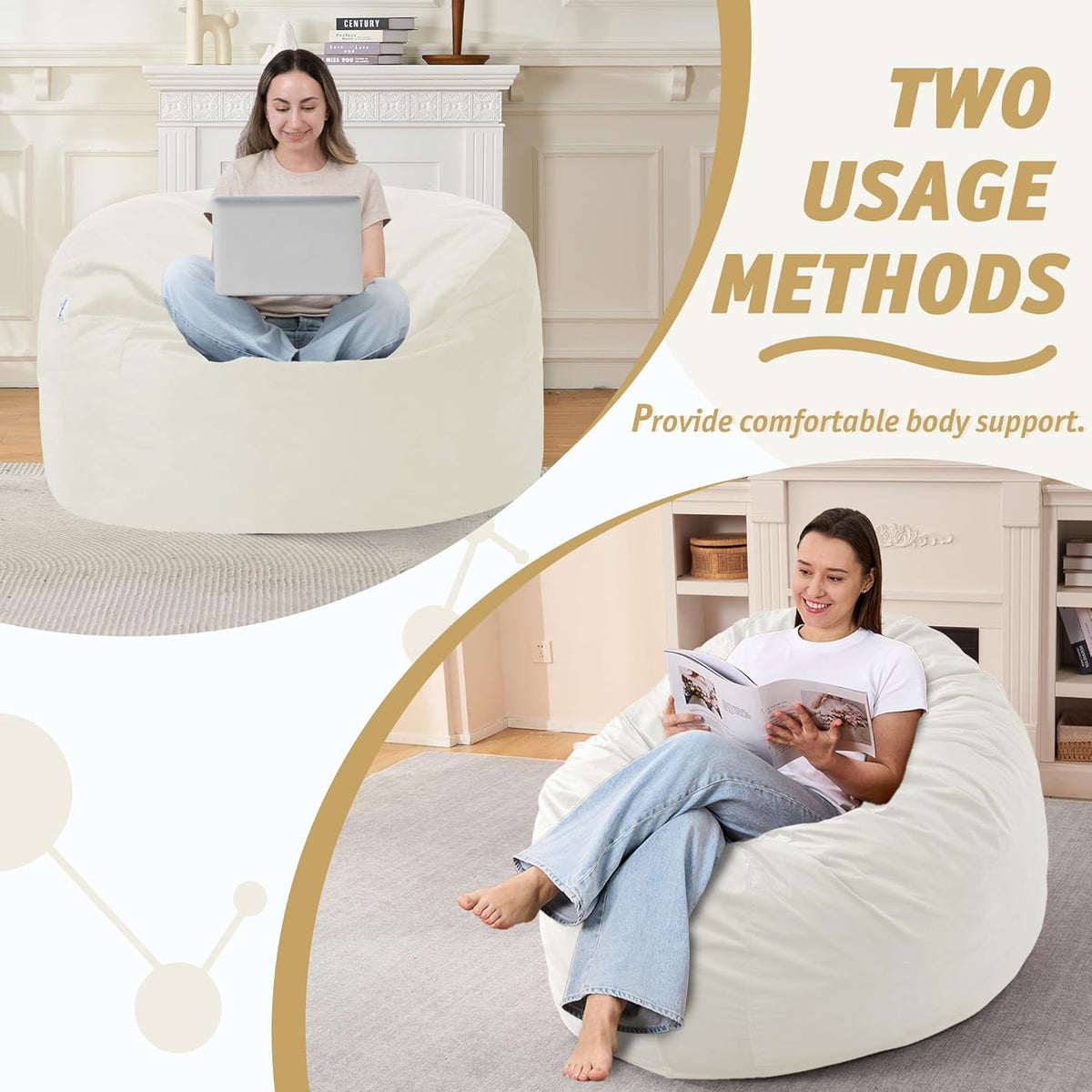 3FT Bean Bag Chair with Ultra Soft Velvet Cover Bean Bag Sofa with Memory Foam Bean Bag Chairs with Large Size Lazy Sofa for Dorm Office Living Room Bedroom Off White 3'