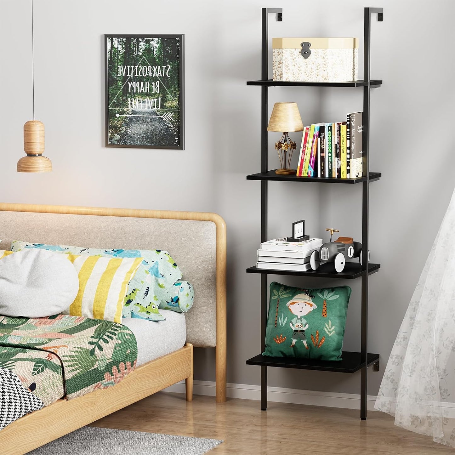 Ladder Shelf 4 Tiers Metal Industrial Bookshelf,Black Wooden Tall Open Storage Rack and Display Shelves,Wall Mount Wide Book Case for Home Office Bedroom,Small