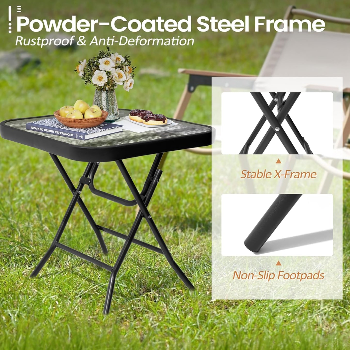 Foldable Outdoor Side Table with Tempered Glass Top Square 18" Folding Patio Side Table Small Glass End Tables for Patio Porch Yard Balcony Deck Lawn Dining Garden (Black)