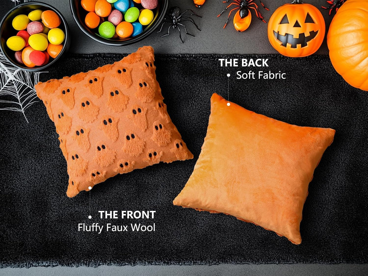 4TH Emotion Halloween Ghost Decorative Pillow Covers 18x18 Set of 2, Orange Soft Plush Faux Fur Farmhouse Throw Cushion Cases for Fall Autumn Holiday Home Decorations