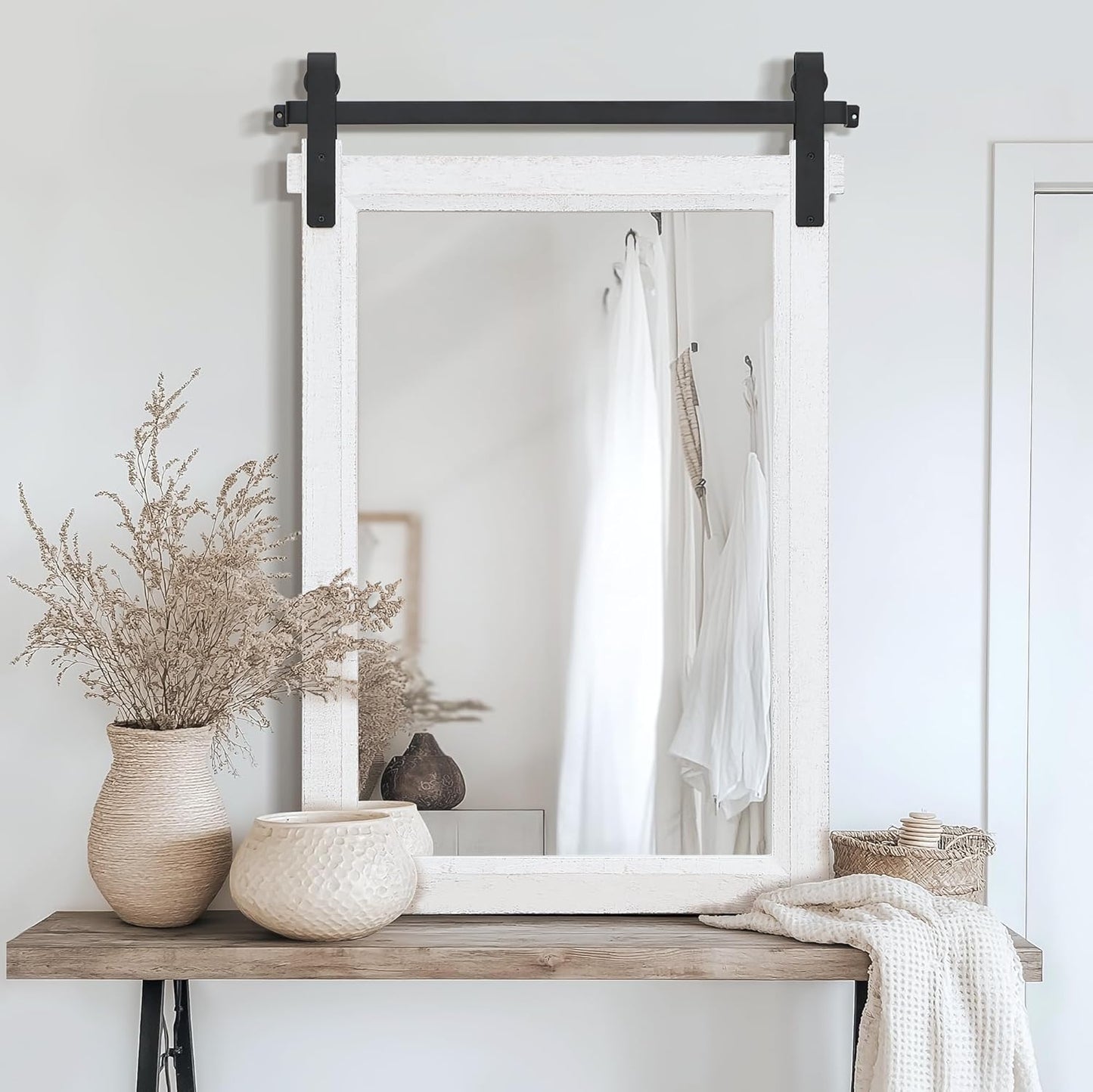 Rustic Barn Door Mirror: 24"x36" White Farmhouse Wood Frame - Wall Mirror for Entryway/Bathroom/Living Room Wall Decor