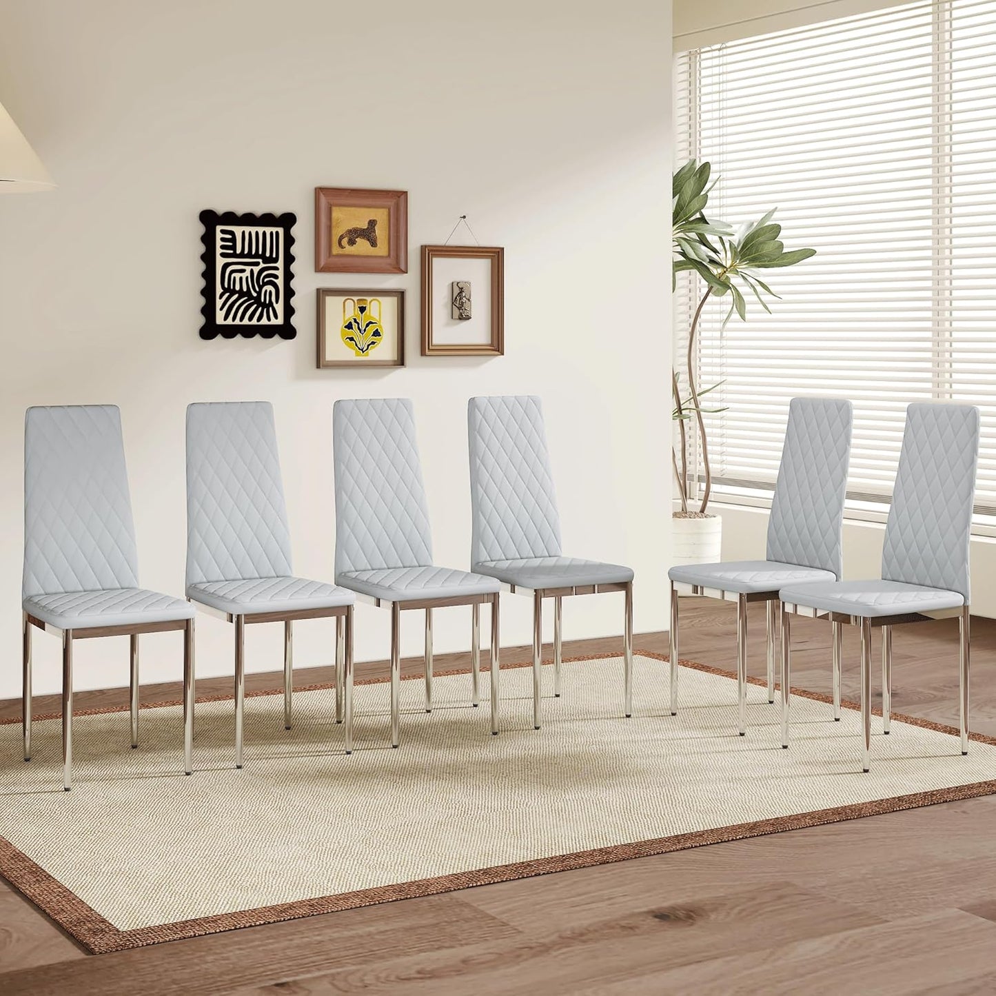 JT Modern Minimalist Dining Chair Fireproof Leather Sprayed Metal Pipe Diamond Grid Pattern Restaurant Home Conference Chair Set of 4 Or 6 (6, Gray Brown)