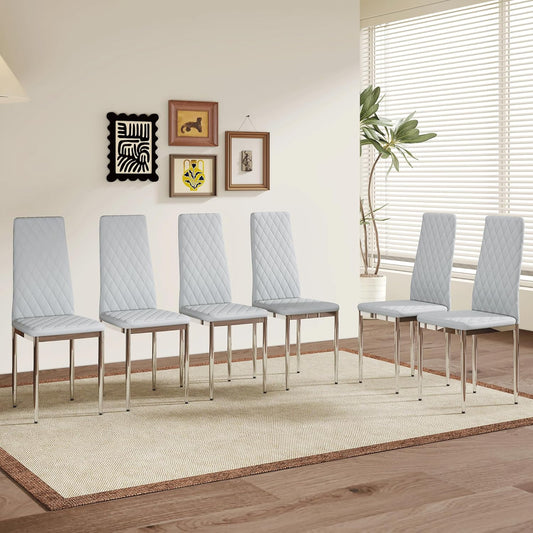 JT Modern Minimalist Dining Chair Fireproof Leather Sprayed Metal Pipe Diamond Grid Pattern Restaurant Home Conference Chair Set of 4 Or 6 (6, Gray Brown)