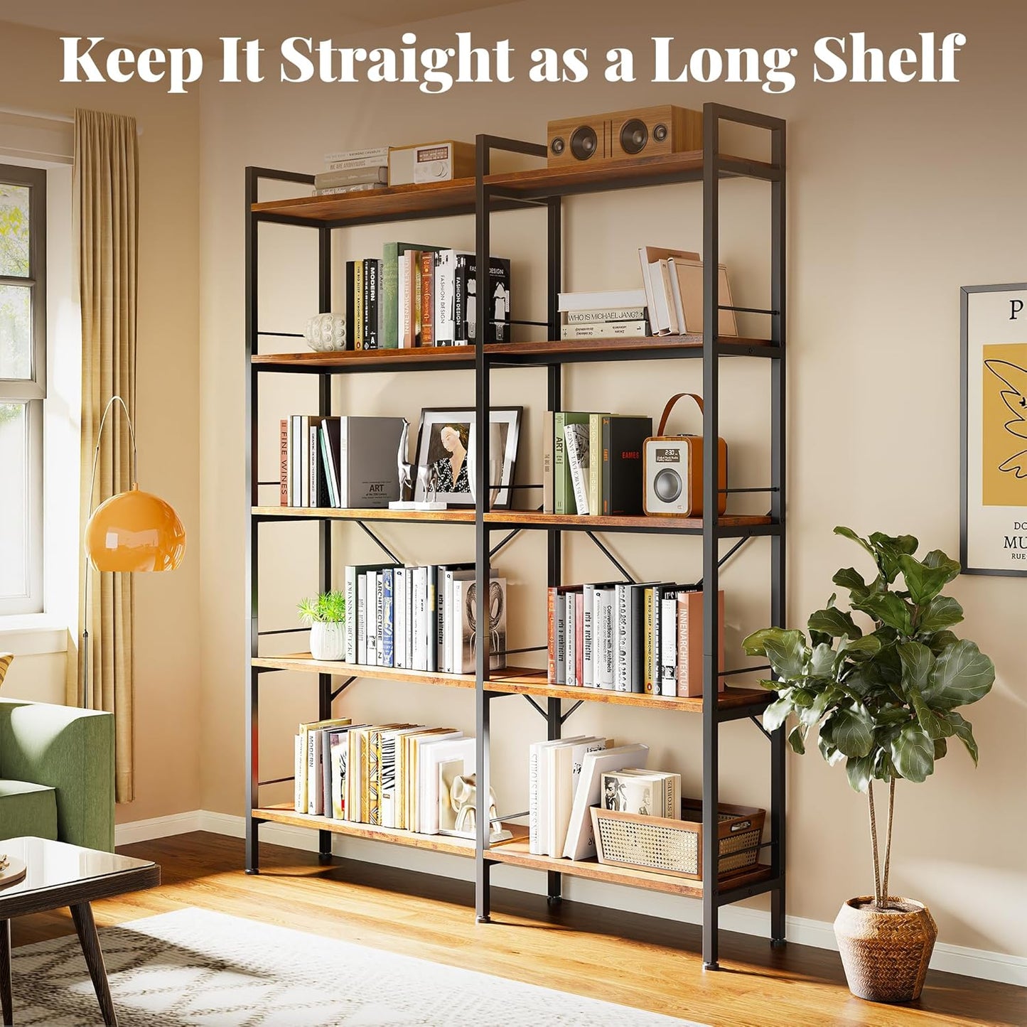 Huuger 5 Tier Bookshelf, L Shaped Corner Bookshelf with 10 Open Shelves, 49.4 Inch Straight Wide Bookcase with Metal Frame and Wooden Board, Adjustable Feet, Rustic Brown