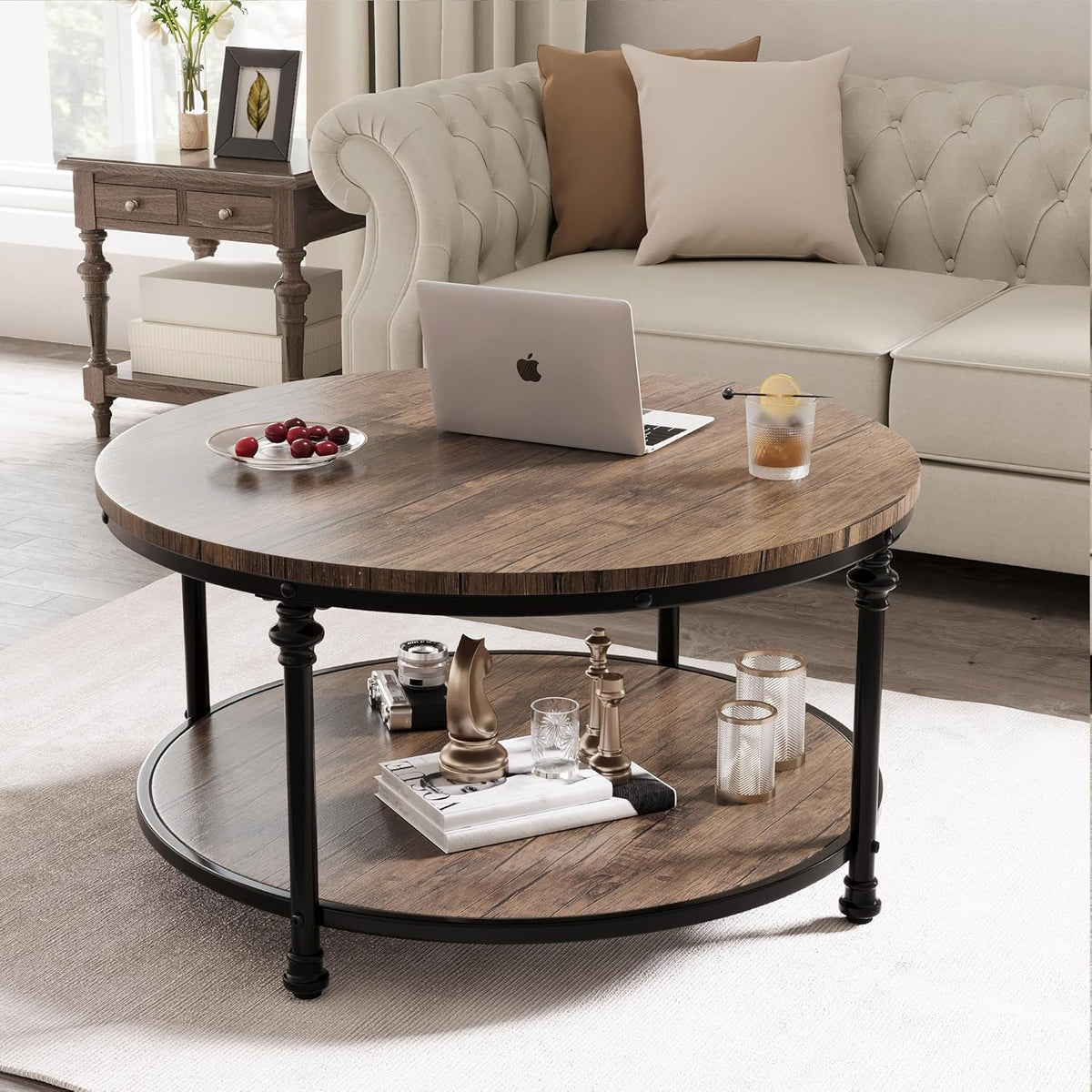 34.25in Round Wood Coffee Table,2-Tier Small Coffee Table with Storage Shelf Modern Design Home Furniture for Living Room, Apartment，Light Walnut