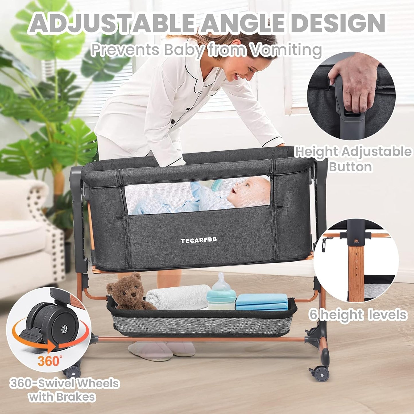 Baby Bassinet, 3 in 1 Bedside Sleeper for Newborn, Bedside Bassinet for Baby with 6 Adjustable Height, Soft Mattress, Compact, Easy to Fold