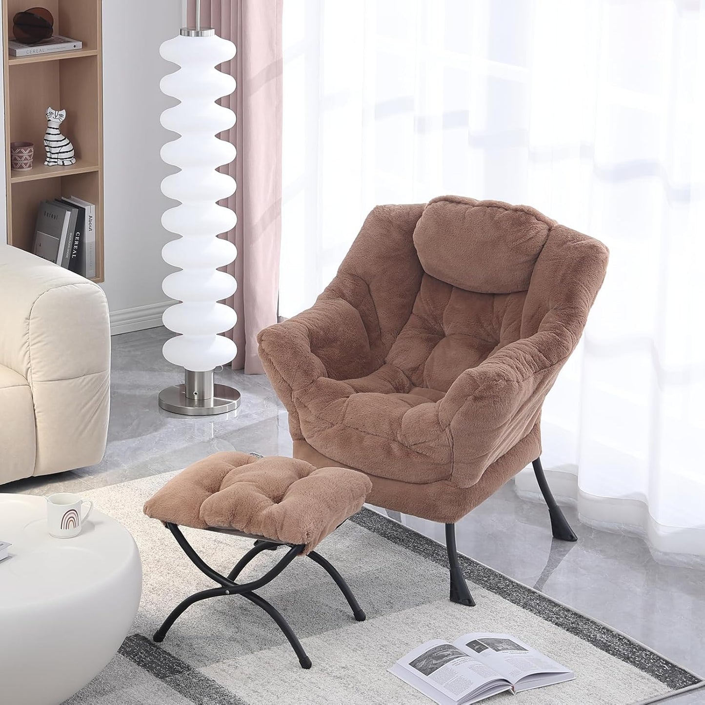 Lazy Chair with Folding Ottoman, Modern Accent Lounge Armchair with Armrests and a Side Pocket & Foldable Footstool, Leisure Reading Chair for Living Room, Bedroom, Dorm & Office, Plush Brown