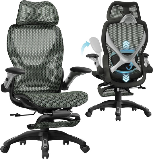 ELABEST X100 Ergonomic Office Chair with Footrest, Big and Tall Home Desk Chair with 5D Flip-Up Arms, Adjustable 3D Lumbar Support,High Back Rolling Computer Chair, Swivel Mesh Chairs (Forest Ranger)