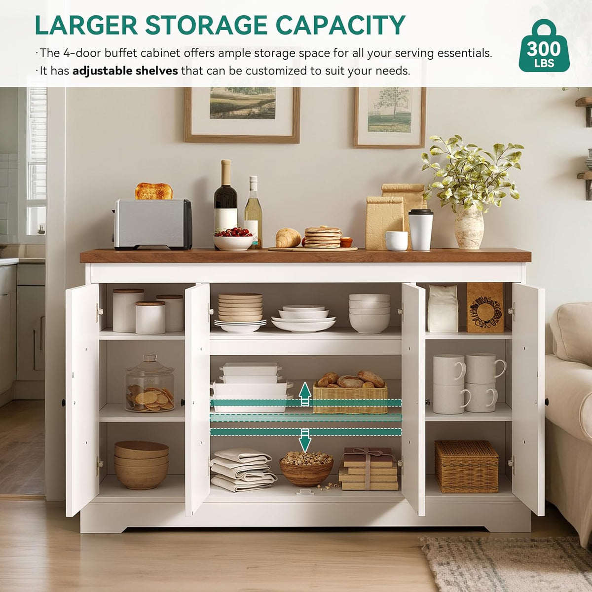 YITAHOME Sideboard Buffet Cabinet with Storage, 59" Buffet Storage with 4 Doors, Modern Farmhouse Coffee Bar Station Wood Kitchen Table with Adjustable Shelves for Kitchen, Living Room (White)