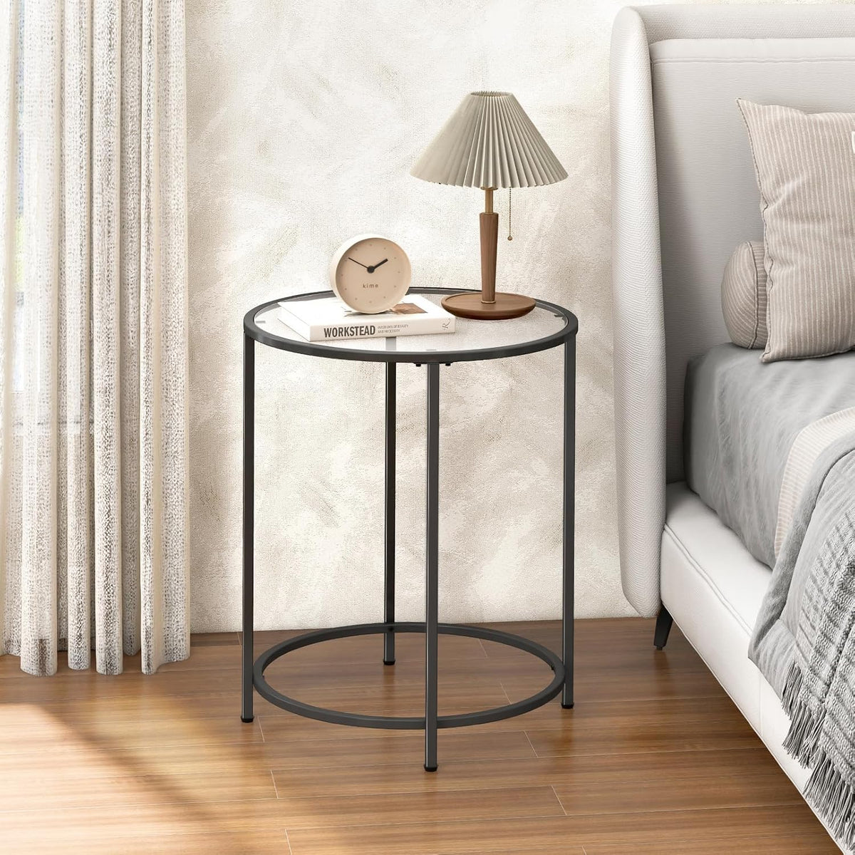 19.7’’ Round Glass End Table, Round Bedside Table with Tempered Glass Top, Black Glass Side Table with Metal Frame, Modern Round End Table for Living Room Balcony Bedroom Porch Patio