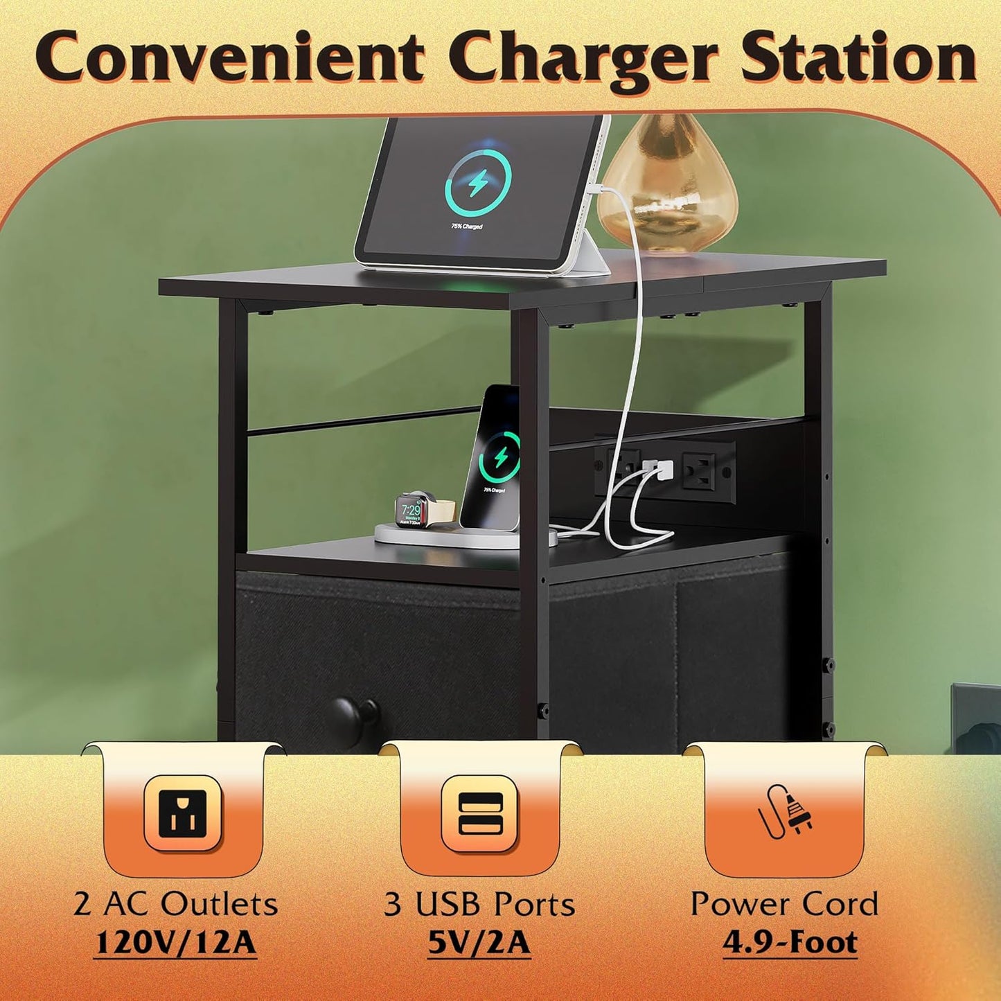 WLIVE Narrow Side Table with Charging Station, End Table with LED Light, 2 Fabric Drawers and Open Shelf, Black Bedside Tables Living Room, Small Space, Bedroom, Night Stand with Charger Station