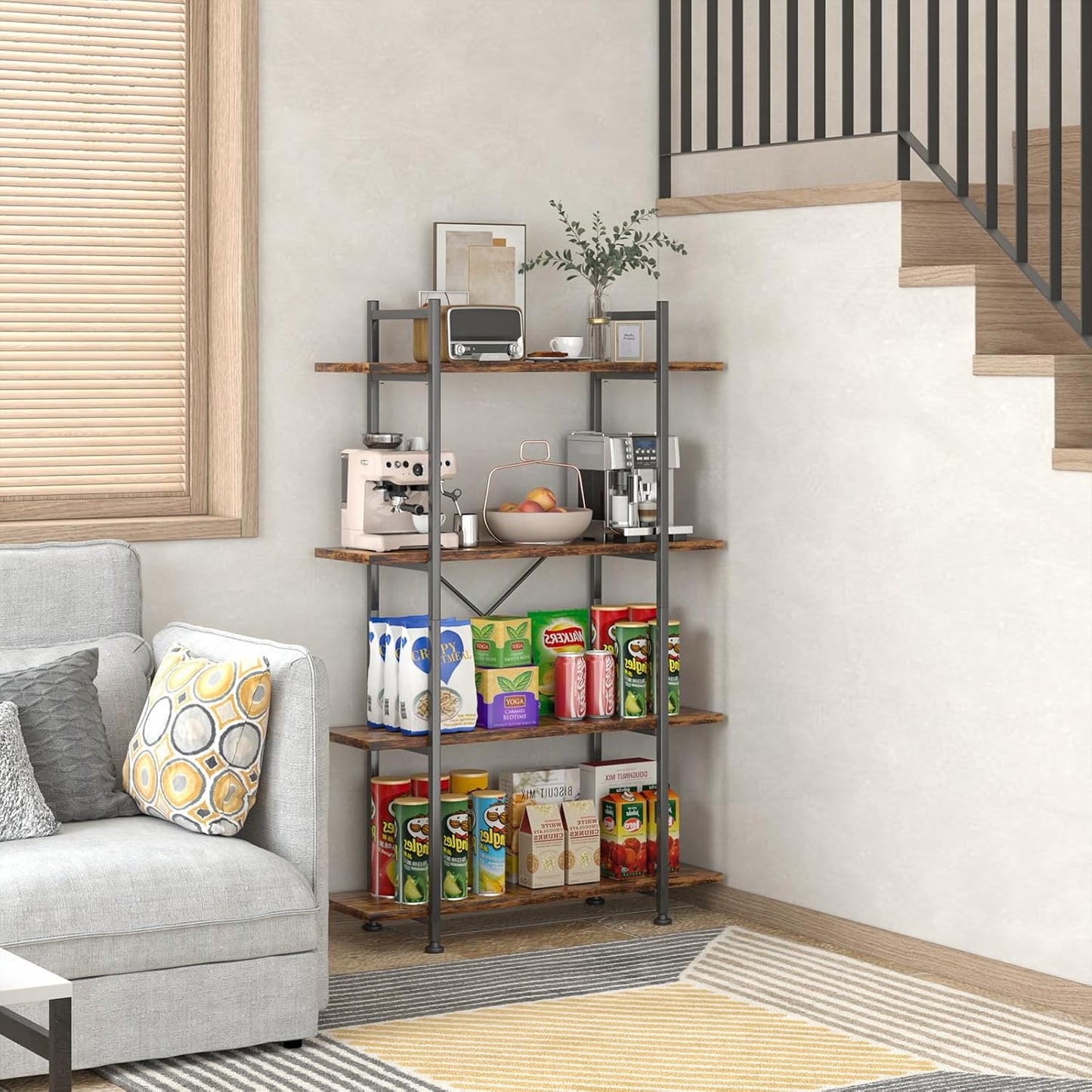 4 Tiers Bookshelf Rustic Brown Wooden Storage Shelf, Industrial Shelf Book Organizer,Modern Open Display Storage Bookcase,Metal Bookshelf Standing Tall Shelving Units for Home Office Study.