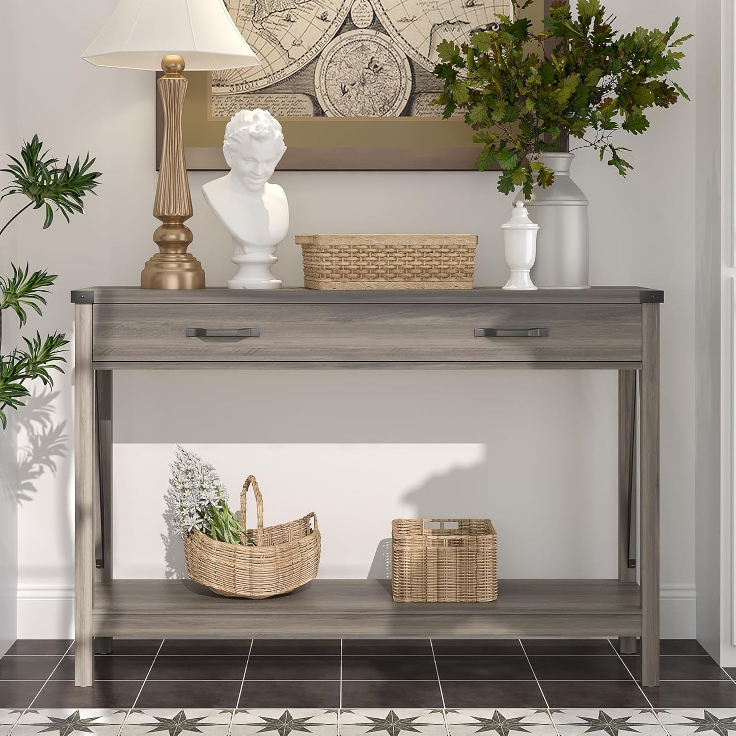 ChooChoo 47'' Farmhouse Console Table with Drawer, Entryway Table with Storage Shelf, Rustic A-Design Sofa Table for Hallway, Entrance, Living Room, Grey