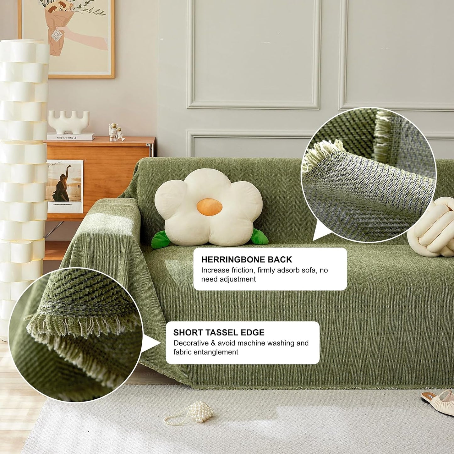 STACYPIK Matcha Green Sofa Cover Christmas Chenille Couch Covers Herringbone Sofa Covers for 3 Cushion Couch Thick Couch Covers Blanket Wear-Resistant Furniture Cover for Kids Dogs Decor-91X150IN