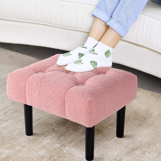 HOUCHICS Fur Padded Foot Stool, Small Ottoman Foot Rest with Wooden Legs,Modern Rectangle Chair Foot Rest Foot Step Stool for Living Room, Couch, Desk(Pink)