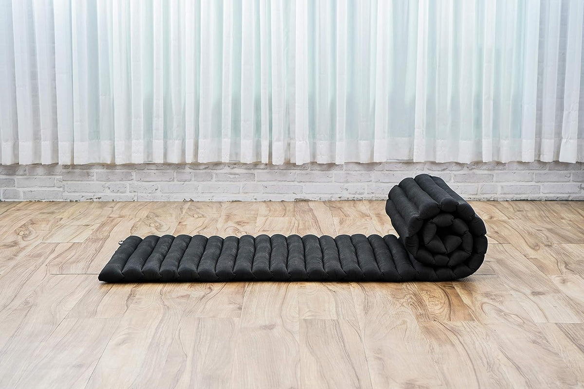 Leewadee - Foldable Floor Mattress - Japanese Roll Up Futon -Trifold Tatami Mat- Guest Floor Bed - Camping Mattress - Thai Massage Mat, Kapok Filled, 75 x 20 inches, Black