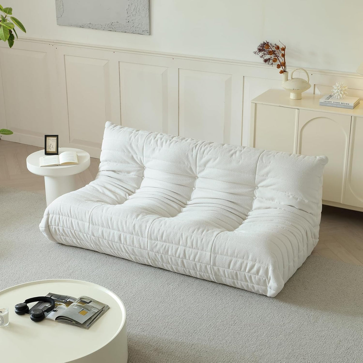 Luxury Sofa Couch Chair, Lazy Floor Seating, Fireside Bean Bag Chair, Ergonomic Tatami Sofa Lounger for Living Room, Bedroom, Office, 3 Seat, White