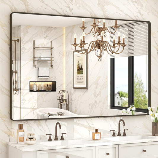 55x36 Bronze Framed Bathroom Mirror, Rectangle Brushed Bronze Metal Vanity Mirror, Large Modern Mirror for Wall, Rounded Corner, Tempered Glass, Anti-Rust, Shatterproof (Horizontal/Vertical)