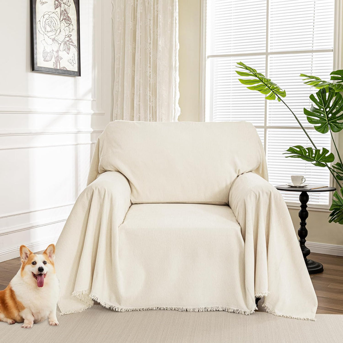 MYSKY HOME Oversized Armchair Couch Cover for 1 Cushion, Washable Recliner Covers Sofa Protector with Tassel, Beige, 71"X91"