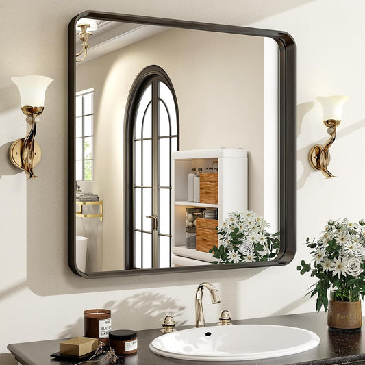 30"x 30" Black Bathroom Mirror - Aluminum Framed Wall Mirror, Bathroom Wall Mounted Vanity Mirror, Modern Bathroom Mirror, Bedroom, Living Room Wall Mirror, Hang Horizontally or Vertically