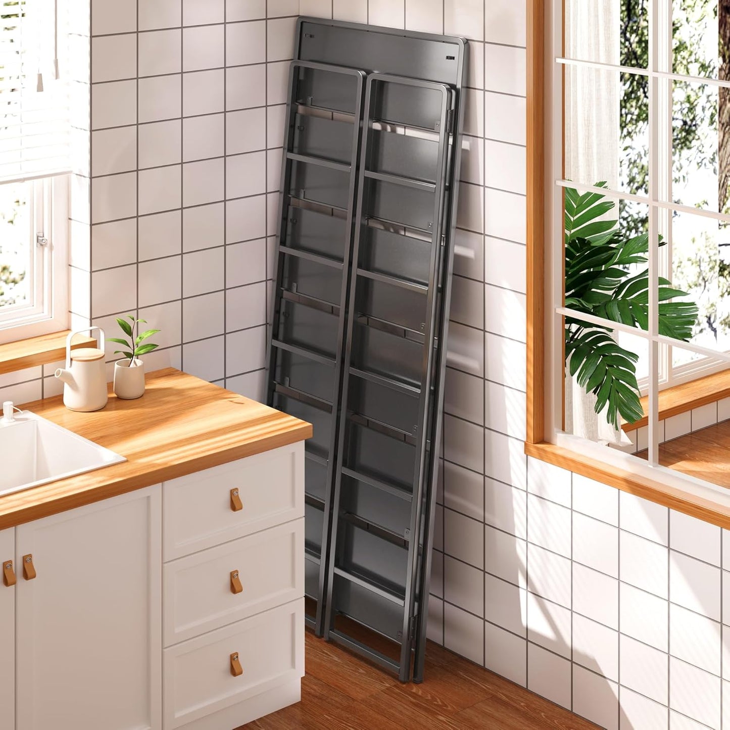 4NM No-Assembly 6 Tiers Folding Bookshelf Storage Shelves Vintage Bookcase Standing Racks Study Organizer Home Office (All Black)