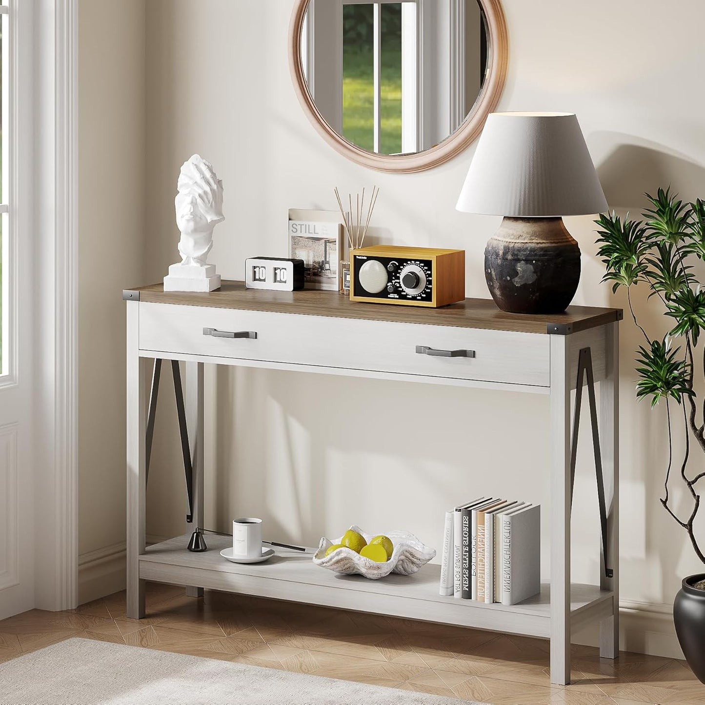 ChooChoo 47'' Farmhouse Console Table with Drawer, Entryway Table with Storage Shelf, Rustic A-Design Sofa Table for Hallway, Entrance, Living Room, White&Brown