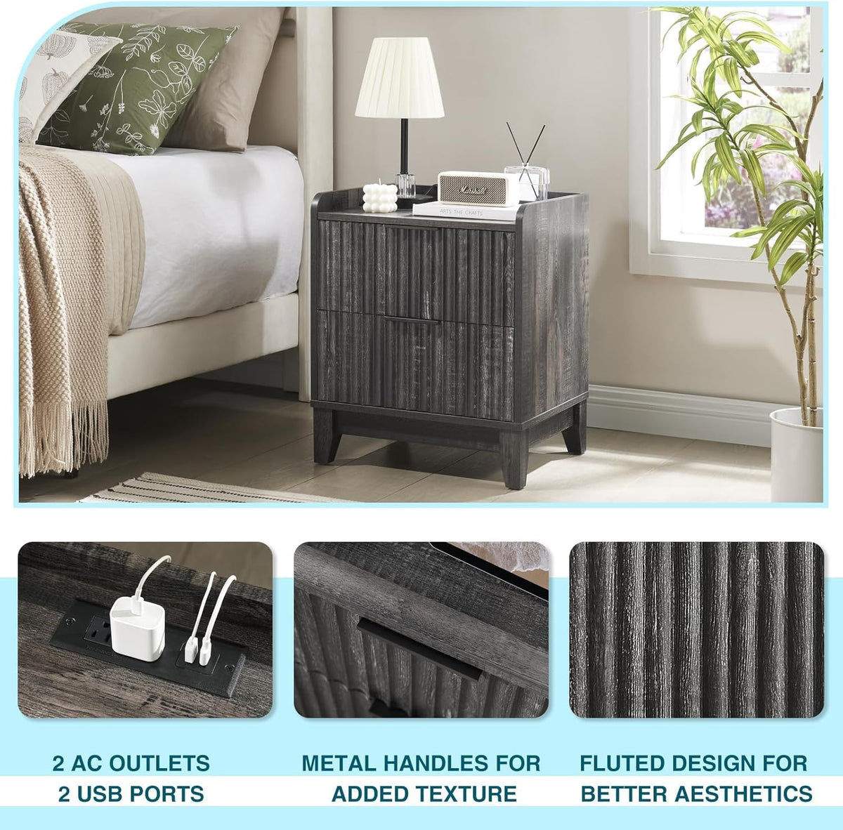 Wnutrees Fluted Nightstand with Charging Station, Modern Bedside Table with 2 Drawers, Farmhouse Wooden End Side Table Living Room, Dark