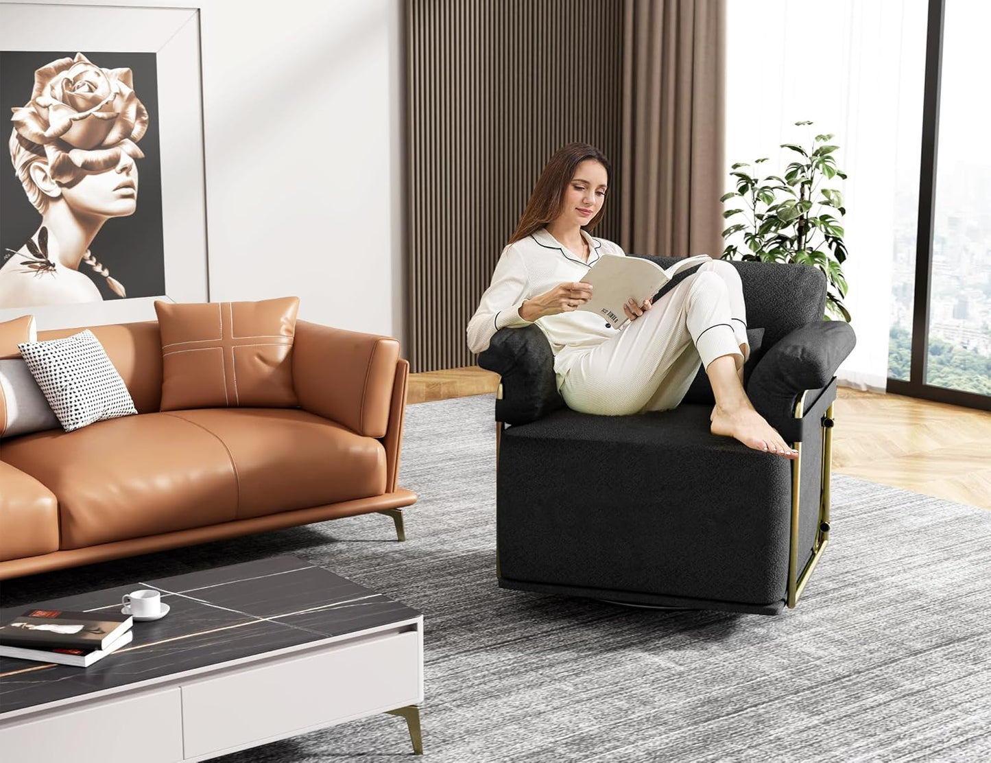 KEIKI Modern Comfy Swivel Accent Reading Chair with Waist Pillows, 360°Square Upholstered Barrel Armchair Single Club Lounge Sofa Chairs for Living Room,Bedroom,Office,Black