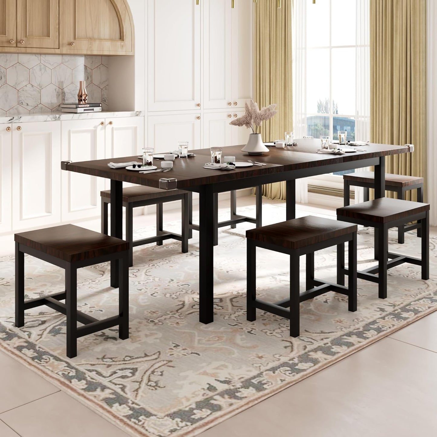 Feonase 7-Piece Dining Table Set with 6 Stools, 63 Inch Extendable Kitchen Table for 4-8, Kitchen Room Set with MDF Board & Metal Frame, Farmhouse Table, Space-Saving, Espresso