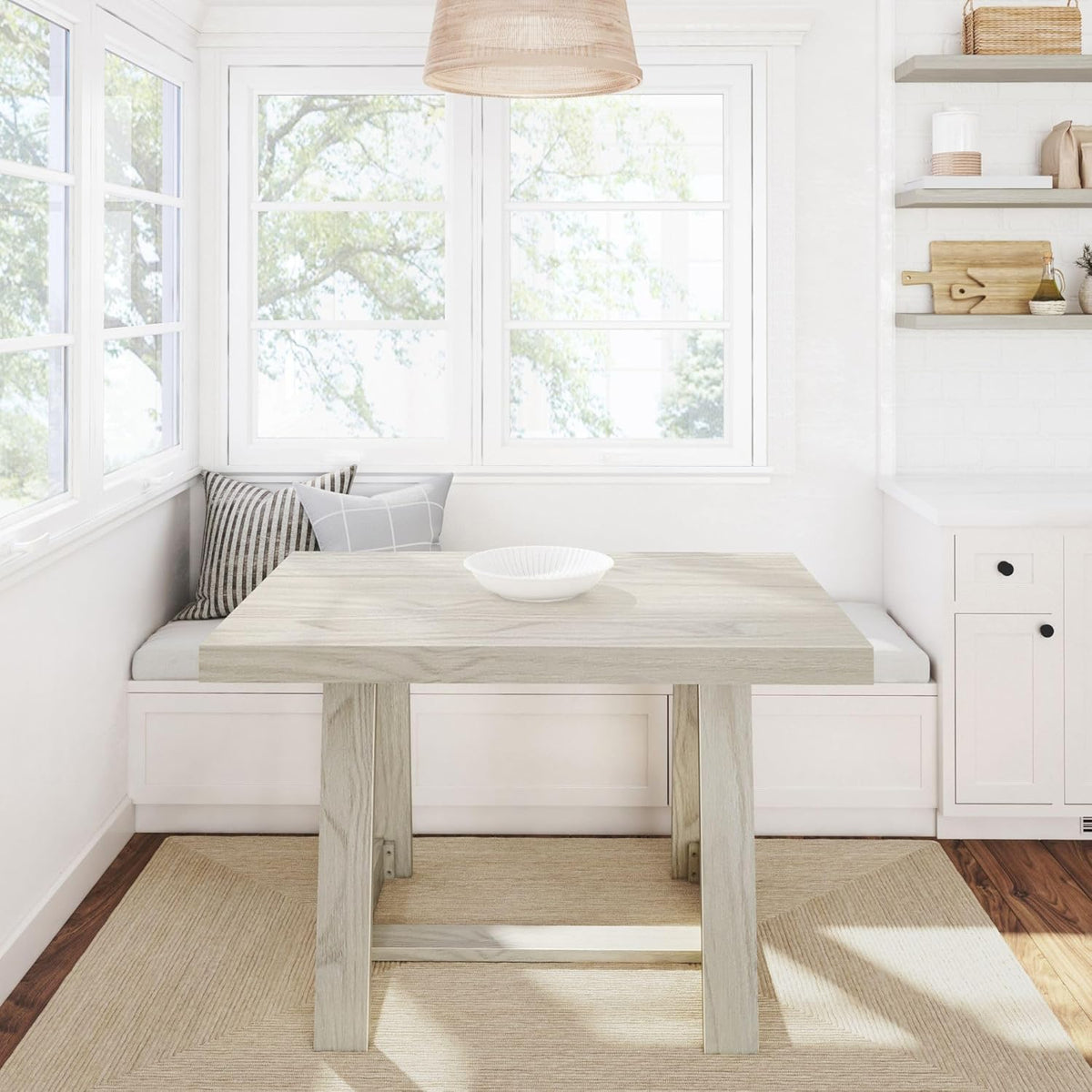 Plank+Beam 48 Inch Farmhouse Dining Table, Rustic Solid Wood Kitchen Table, Dinner Table for Dining Room, Home Office Furniture, White Sand Wirebrush
