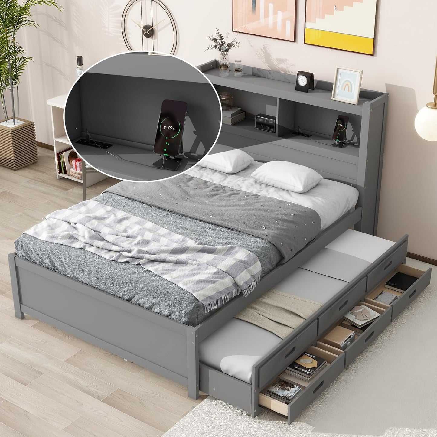 Full Size Pine Wood Platform Bed with Trundle,Drawers,2 Ports and 2 USB Plugs,Storage Bed with Pull Out Shelves,No Box Spring Needed,Perfect for Adults,Teens Bedroom Furniture,Gray